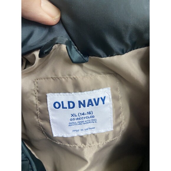 Old Navy Boys Puffer Vest Size XL 14-16 Green Tan Sleeveless Warm Full Zip - Picture 9 of 9